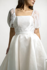 Puff Sleeve A-Line Midi Dress with Bow