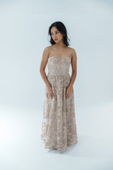 Embroidered Long Strapless Bridesmaid Dress