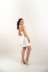 Custom Satin Halter Top and Mini Skirt Set with Floral Appliques