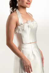 Custom Satin Halter Top and Mini Skirt Set with Floral Appliques