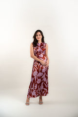 Waist Gathered Floral Silk Maxi Dress