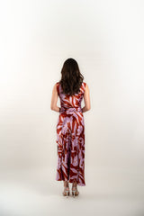 Waist Gathered Floral Silk Maxi Dress