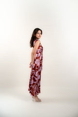 Waist Gathered Floral Silk Maxi Dress