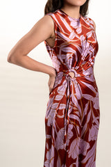 Waist Gathered Floral Silk Maxi Dress