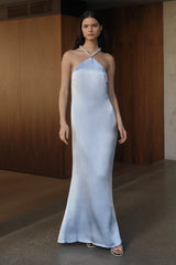 Blanche Satin Pearl Halter Maxi Dress