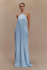 Blanche Satin Pearl Halter Maxi Dress