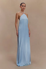 Blanche Satin Pearl Halter Maxi Dress