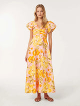 June Ruched Linen Midi Dress