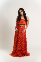 Strapless Top and Circle Skirt Gown Set with Floral Applique
