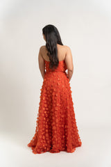 Strapless Top and Circle Skirt Gown Set with Floral Applique