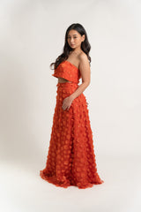 Strapless Top and Circle Skirt Gown Set with Floral Applique