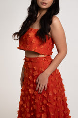 Strapless Top and Circle Skirt Gown Set with Floral Applique