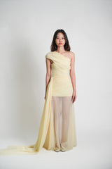 Asymmetric Drape Mesh Gown