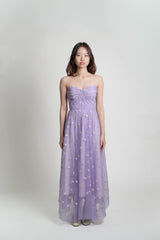 Strapless Floral Print Tulle Gown