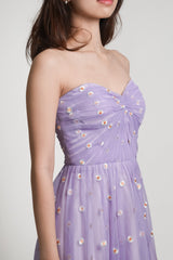 Strapless Floral Print Tulle Gown