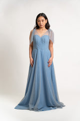 Sleeveless V-Neck Tulle Gown with Drape Sleeves