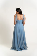 Sleeveless V-Neck Tulle Gown with Drape Sleeves