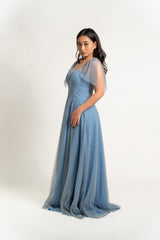 Sleeveless V-Neck Tulle Gown with Drape Sleeves