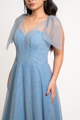 Sleeveless V-Neck Tulle Gown with Drape Sleeves