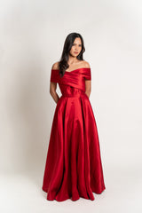 Off Shoulder Pleated Satin Gown