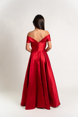 Off Shoulder Pleated Satin Gown
