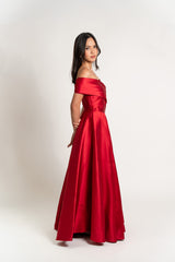 Off Shoulder Pleated Satin Gown