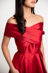 Off Shoulder Pleated Satin Gown