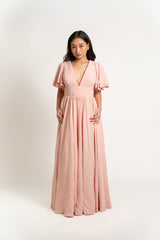 Ruffled Sleeve V-Neck Gown
