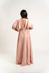 Ruffled Sleeve V-Neck Gown