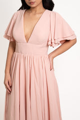 Ruffled Sleeve V-Neck Gown