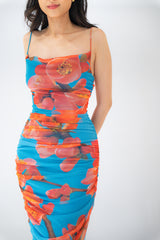 Floral Mesh Ruched Midi Dress