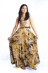 Champagne Silk Top and Electric Pleated Velvet Skirt