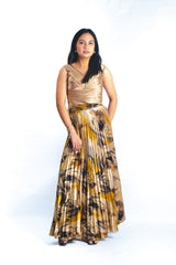 Champagne Silk Top and Electric Pleated Velvet Skirt