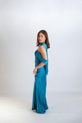 Off Shoulder Staight Silk Dress with Scarf