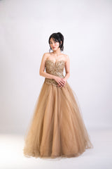 Custom Gold Applique Strapless Tulle Gown