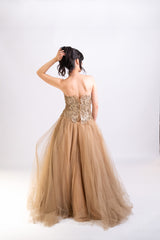 Custom Gold Applique Strapless Tulle Gown