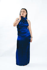 High Neck Midnight Backless Silk Gown