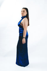 High Neck Midnight Backless Silk Gown