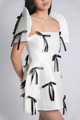 Custom Black Bow Satin Mini Dress with Filipiniana Sleeves