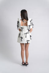 Custom Black Bow Satin Mini Dress with Filipiniana Sleeves