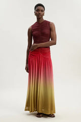 Ombre Ruched Jersey Sleeveless Mesh Maxi Dress