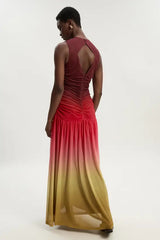 Ombre Ruched Jersey Sleeveless Mesh Maxi Dress