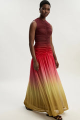 Ombre Ruched Jersey Sleeveless Mesh Maxi Dress