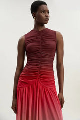 Ombre Ruched Jersey Sleeveless Mesh Maxi Dress