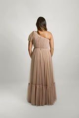 Nude One Shoulder Ribbon Gown