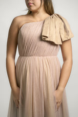 Nude One Shoulder Ribbon Gown