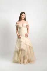 Custom Pina Off Shoulder Ruffle Wedding Gown
