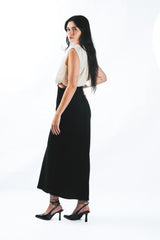 Ecru Satin Contrast Cut Out Dress with Gathering