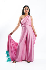 One Shoulder Silk Drape Jumpsuit with Feather Hem
