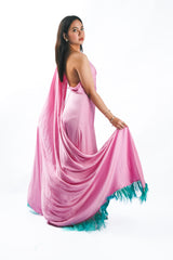 One Shoulder Silk Drape Jumpsuit with Feather Hem